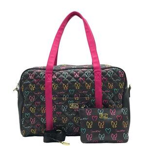 Betsy Johnson Black Quilted Leather Bow And Heart Duffel Bag With Pouch